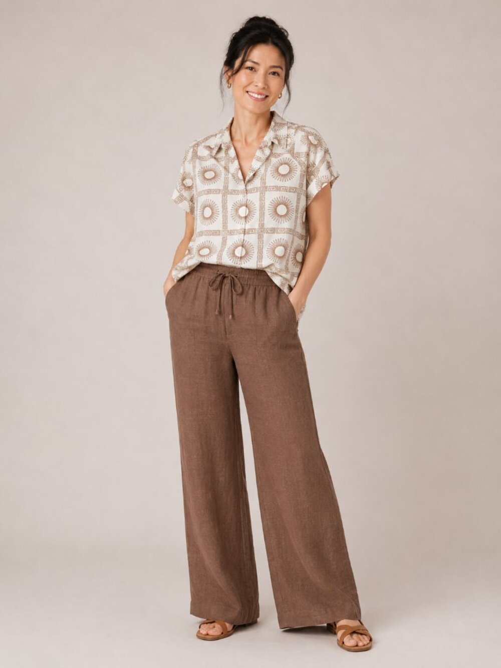 Jane and Delancey Cream Short Sleeve Blouse with Brown Celestial Sunburst Print